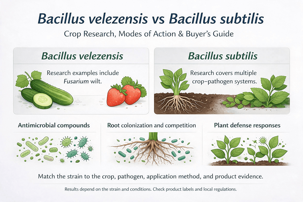 Bacillus velezensis vs Bacillus subtilis comparison of crop research, modes of action, and product selection